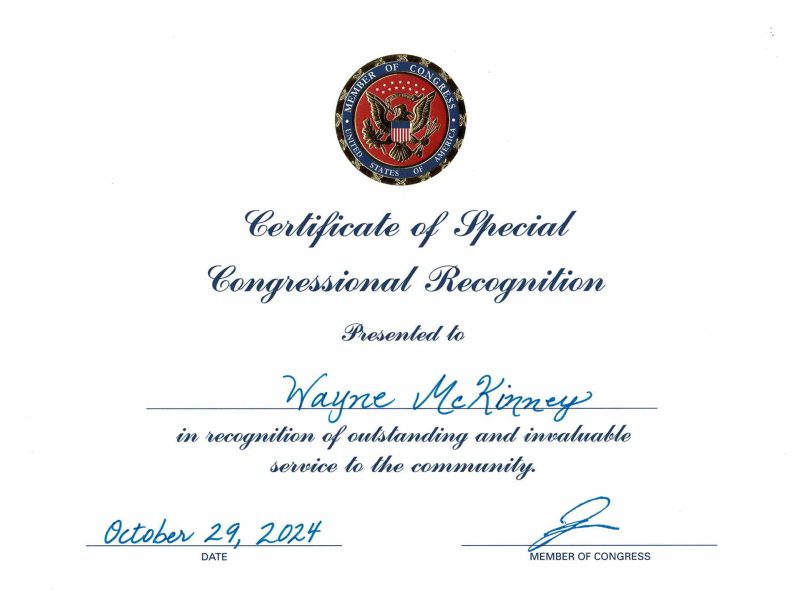 Wayne McKinney awarded the Certificate of Special Congressional Recognition for his service in the community.